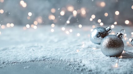 Two silver Christmas ornaments on a snowy ground