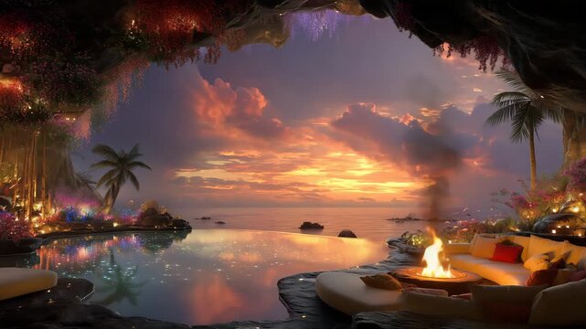 luxurious ocean terrace with pool and fire bowl warm ochre and fiery sky serene magical atmosphere scenic view