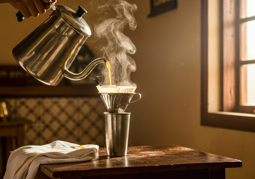 Golden Light Illuminates Hand Pouring Steamy Hot South Indian Filter Coffee into a Dripper, brewing morning warmth.