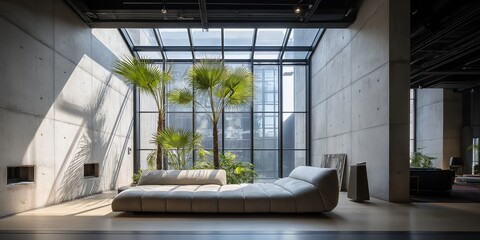 Sculptural lounge with minimalist design and palm trees, bright airy space blending elegance and nature, ideal for lifestyle article, architecture feature or interior design blog