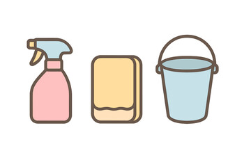 Essential household cleaning supplies set with spray bottle sponge and bucket