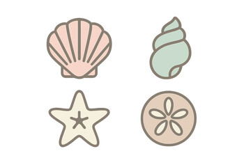 Minimalist pastel colored marine life objects including seashell, starfish, and sand dollar