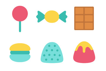 Minimalist flat design set of colorful desserts, candies, and sugary treats