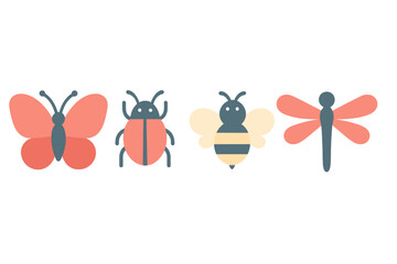 Colorful flat design icons of flying insects: butterfly, ladybug, bee, and dragonfly