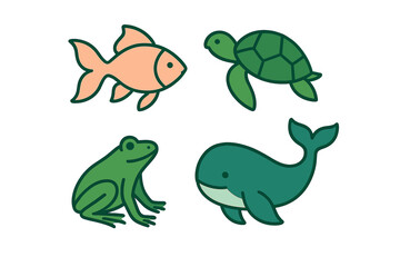 Simple set of four cute aquatic and amphibious animals: fish, sea turtle, frog, and whale