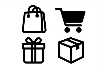 Essential set of e-commerce and retail icons including shopping bag, cart, gift box, and delivery package symbols