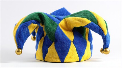 Colorful harlequin hat with golden bells isolated on white background