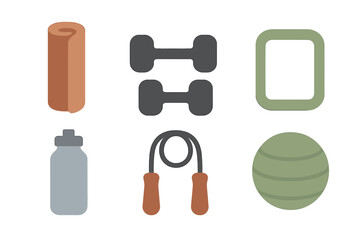 Collection of essential fitness accessories and workout gear including dumbbells, yoga mat, and jump rope