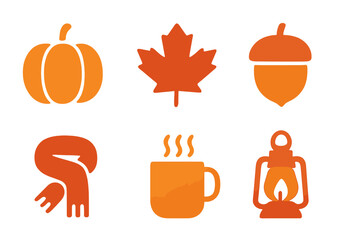 Simple autumn season icons set featuring pumpkin maple leaf acorn and hot beverage