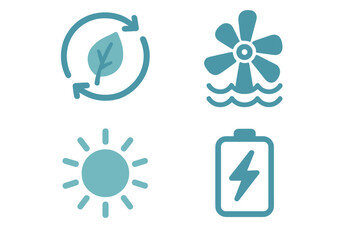 Graphic symbols for environmental sustainability, clean energy, and power storage