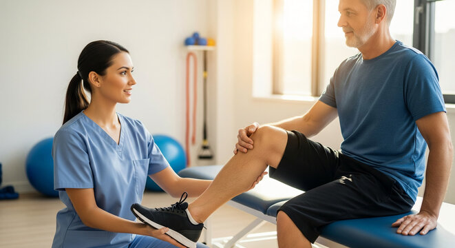 Female physiotherapist providing medical care and rehabilitation for a senior man with knee pain and a joint injury in a modern clinic