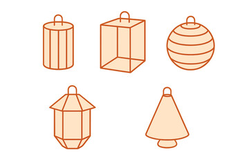 Traditional hanging lanterns and lampshades in various geometric shapes outline style