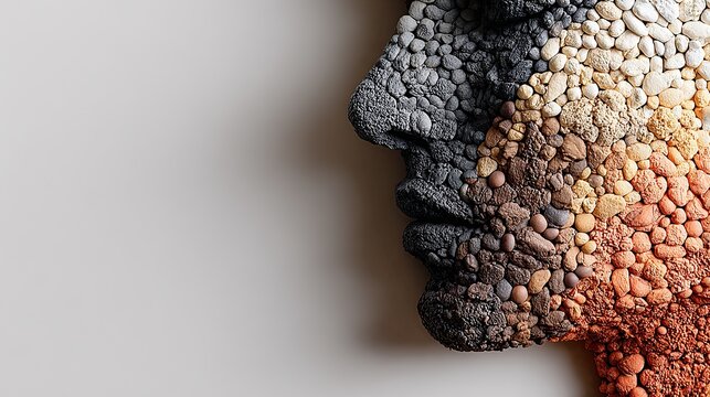 A human profile art piece created with various colored small pebbles, set against white