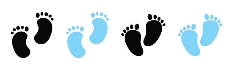 Vector isolated hand drawn baby feet icons on white background. Two colour different shapes footstep. Baby foot print icons on white page. EPS 10. 