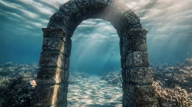 Magical underwater gate emerges from the ocean floor surrounded by ancient ruins and marine life