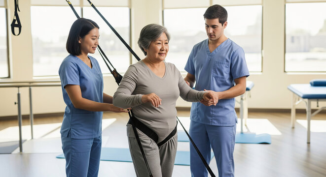 Supportive male and female therapists assisting a senior Asian woman with walking rehabilitation using suspension therapy in a modern clinic