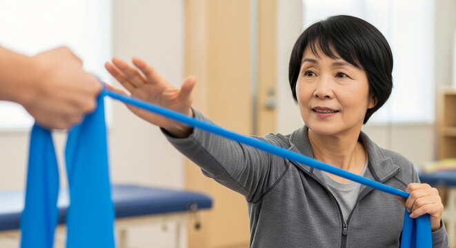 Mature Asian woman performing a guided resistance band workout during a physiotherapy session for injury rehabilitation and active aging