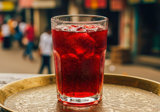 A perfectly chilled, deep ruby-red Indian Rooh Afza drink, served on an ornate brass tray in a vibrant outdoor setting.