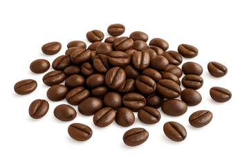 Obraz premium Closeup of roasted coffee beans pile isolated on white background showing detail and texture perfect for cafe branding, food design, morning beverage concepts, and advertising use