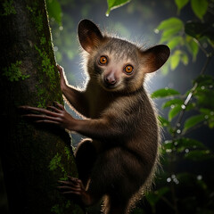Obraz premium Aye-aye lemur clinging to a mossy tree trunk, looking directly at the camera with its large, expressive eyes.