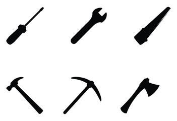 Tool Silhouette Vector Set Axe Hatchet Pickaxe Hammer Saw and Wrench Icons