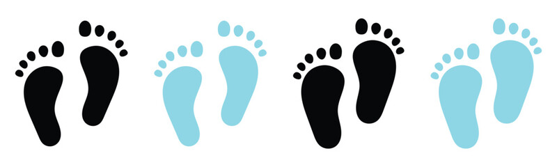 Vector isolated hand drawn baby feet icons on white background. Two colour different shapes footstep. Baby foot print icons on white page. EPS 10. 