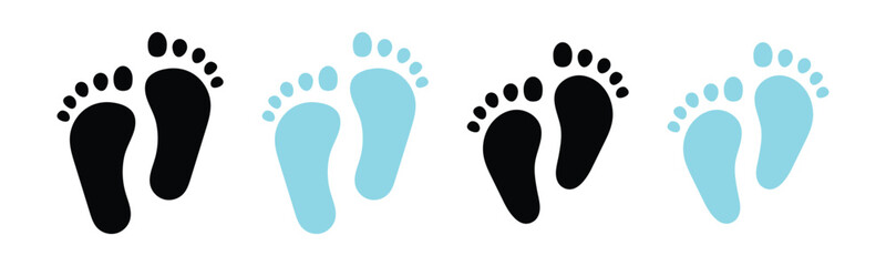 Vector isolated hand drawn baby feet icons on white background. Two colour different shapes footstep. Baby foot print icons on white page. EPS 10. 