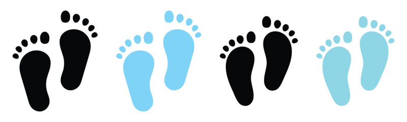 Vector isolated hand drawn baby feet icons on white background. Two colour different shapes footstep. Baby foot print icons on white page. EPS 10. 