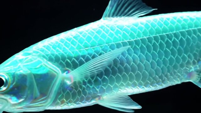 Glowing fish swimming in dark water showing scale detail and fins