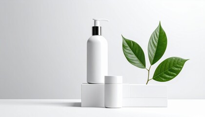 White Cosmetic Bottles And Green Leaves On White Cubes On A White Background