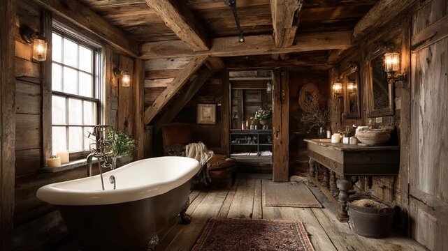 Rustic Bathroom Retreat: Experience the charm of a beautifully appointed rustic bathroom, featuring a vintage clawfoot bathtub, exposed wooden beams, and warm, inviting lighting.
