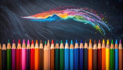 Colorful Pencils Arranged Below Artistic Rainbow Trail On Black Chalkboard Background