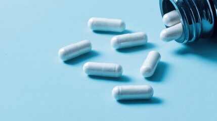 White capsules scattered around an open container with a black background, smooth surface,