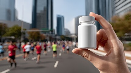 A runner displays a metal water bottle amidst a bustling marathon, surrounded by other participants and tall buildings under a clear sky