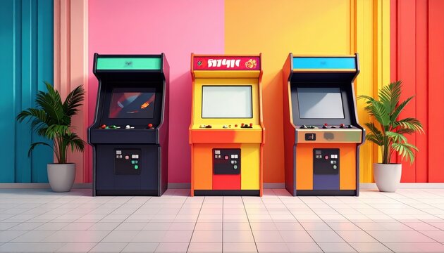 Three Retro Arcade Game Machines Displayed Against Colorfully Painted Wall with Plant Decoration