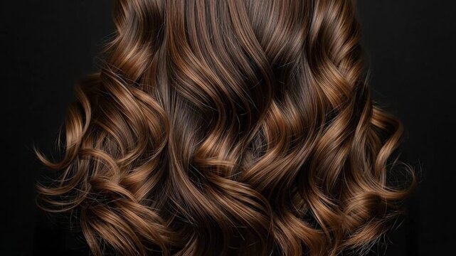 This luxurious close-up captures a cascade of beautifully styled, healthy brown hair, featuring elegant waves and subtle, shimmering highlights. The hair exhibits exceptional shine and a smooth, vibra