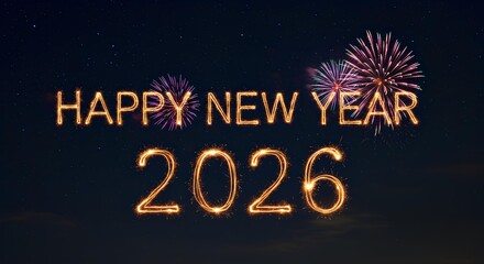 Happy New Year 2026 in a night sky with fireworks behind in celebration of the New Year. Glowing Happy New Year 2026 lettering over fireworks and night skyline
