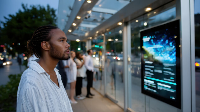A thoughtful man stands at a city bus stop, observing the digital display. The scene captures urban life and the anticipation of transportation in the evening ambiance. - Powered by Adobe