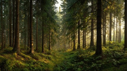 Obraz premium Norway spruce forest at Dawn
