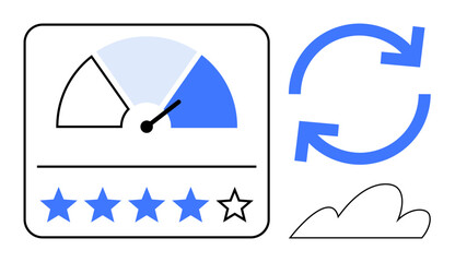 Speedometer gauge with needle, five-star rating with one empty star, two circular arrows forming a loop, and cloud outline. Ideal for performance, feedback, reviews, progress, evaluation updates