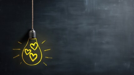 A glowing light bulb illustration drawn in yellow chalk on a blackboard features interconnected heart-shaped loops symbo