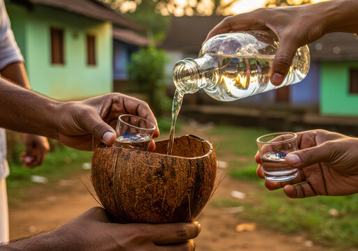 Authentic Goan Feni Poured from Bottle into Rustic Coconut Shell, Ready for Sharing in Village