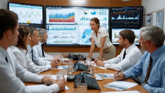 Strategic Synergy: A focused team collaborates in a modern conference room, analyzing data visualized on multiple screens, showcasing a culture of teamwork and data-driven decision-making.