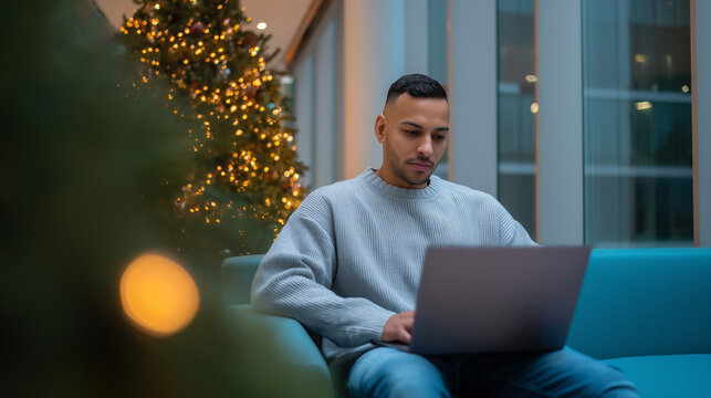 Young hispanic man working on laptop in modern office with christmas tree lights in background.
