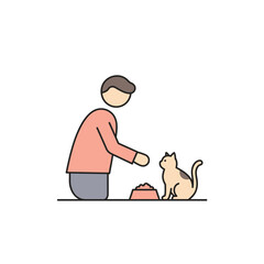 Minimalist Line Art Man Feeding Pet Cat Bowl Icon Illustration