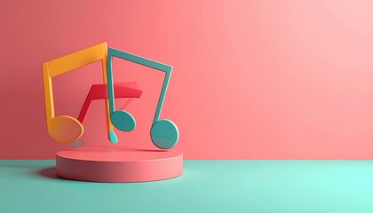 Colorful Musical Notes Floating Above a Pink Podium and Teal Surface with Pink Backdrop