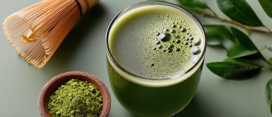 Fresh green tea leaves and matcha powder accompany a bowl of brewed drink, showcasing traditional preparation methods