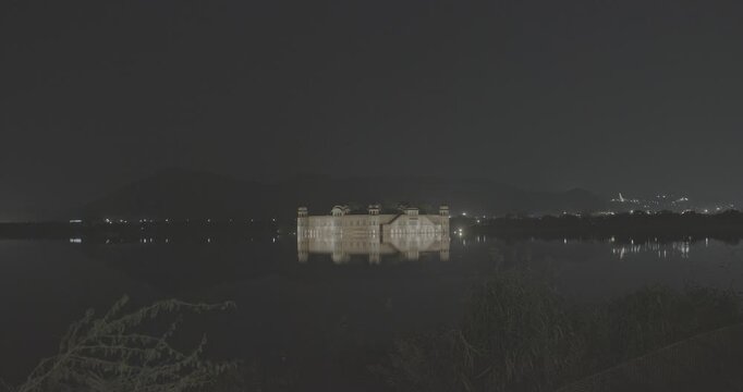 Jaipur, Rajasthan, India. Ungraded C LOG 2 Jal Mahal Or Water Palace In Night Illumination. Palace Inmiddle Of Man Sagar Lake. Originally Constructed Around 1699. Jal Mahal Palace Is Architectural