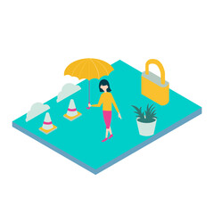 35Security. Woman with umbrella and traffic cones isolated on white background.