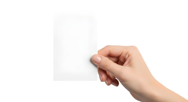 A persons hand holding a blank white card or paper, isolated on transparent background